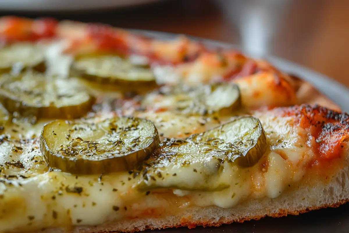 A close-up slice of pickle pie pizza with dill pickles