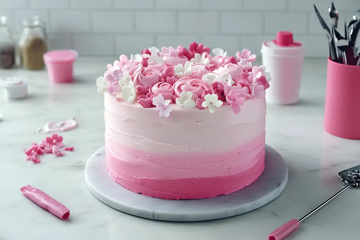 Decorated pink cake with ombre frosting and edible flowers on a marble countertop.