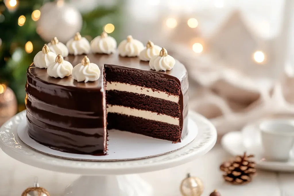Elegant Tuxedo Cake on a white cake stand