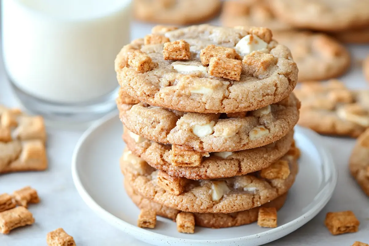 Stack of Cinnamon Toast Crunch cookies with a glass of milk.