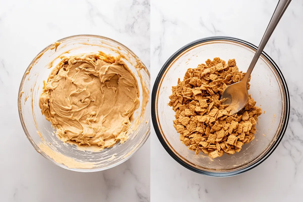 Mixing crushed Cinnamon Toast Crunch into cookie dough.