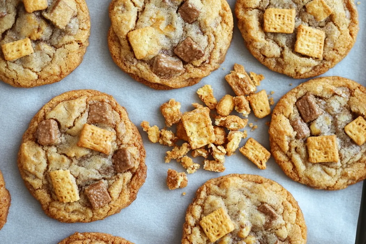 Cinnamon Toast Crunch cookies on parchment paper with cereal crumbs.
