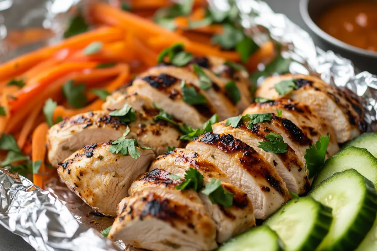 Grilled chicken wraps wrapped in foil for storage