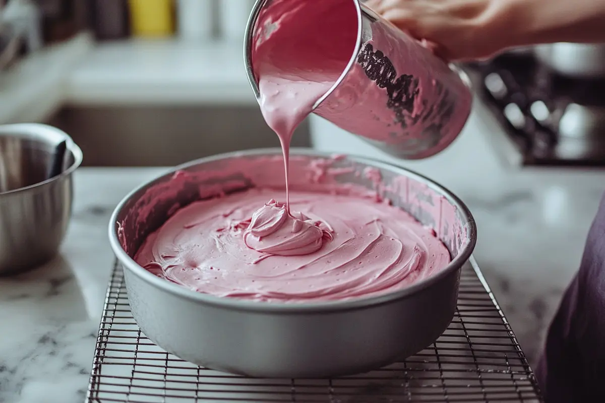 Step-by-step process of baking a pink cake in a kitchen.