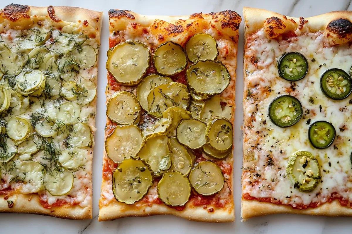 Three variations of pickle pizza slices