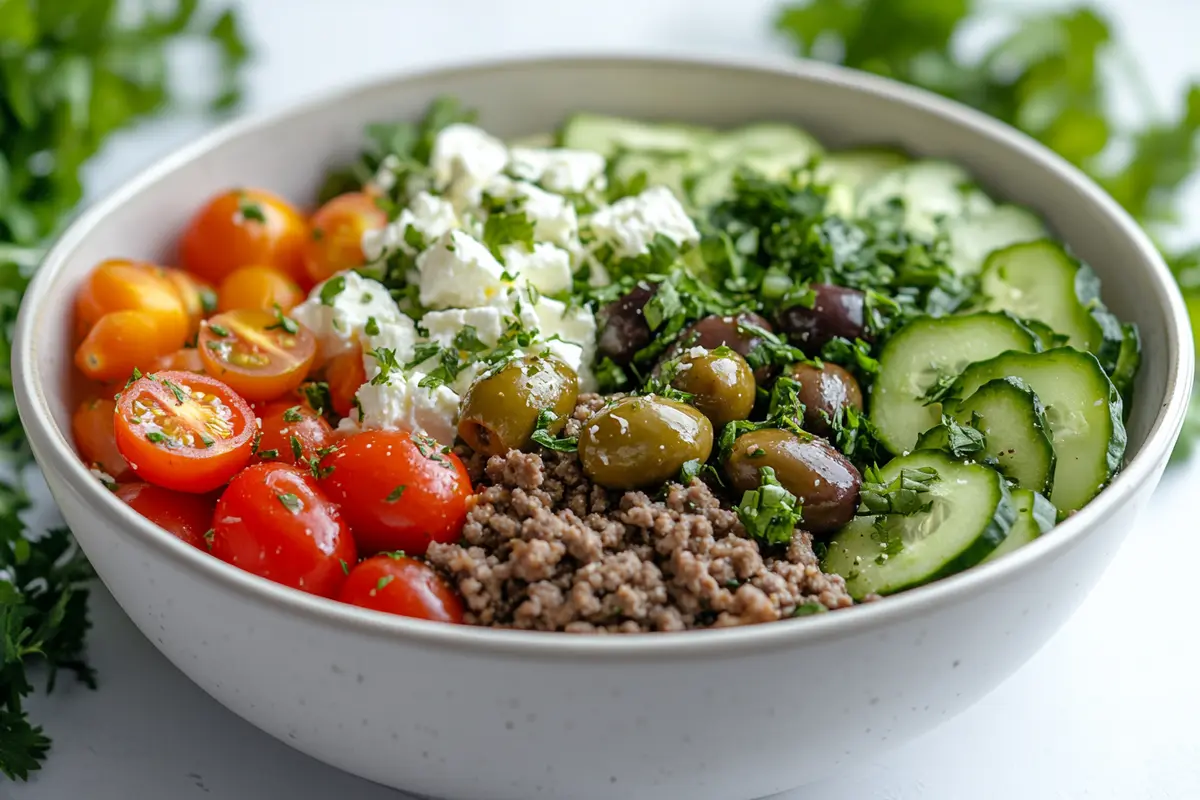 Greek-Inspired Burger Bowl Recipe with lamb and feta.