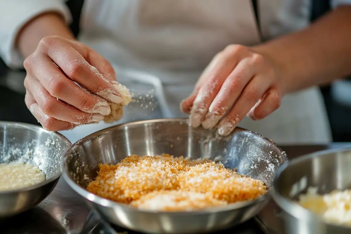 Chef preparing a katsu cutlet by breading it with panko breadcrumbs.