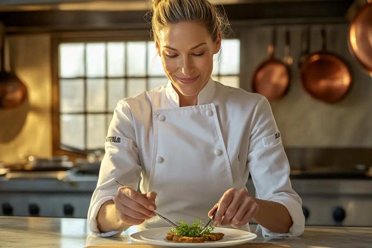 Professional female chef in a white uniform plating a gourmet dish in a high-end kitchen with copper pans in the background.